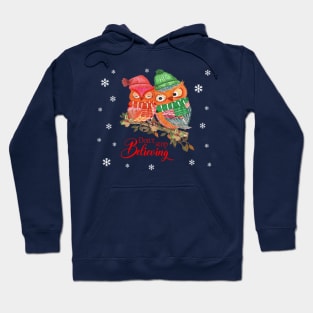 Don't stop believing christmas owls in watercolor Hoodie